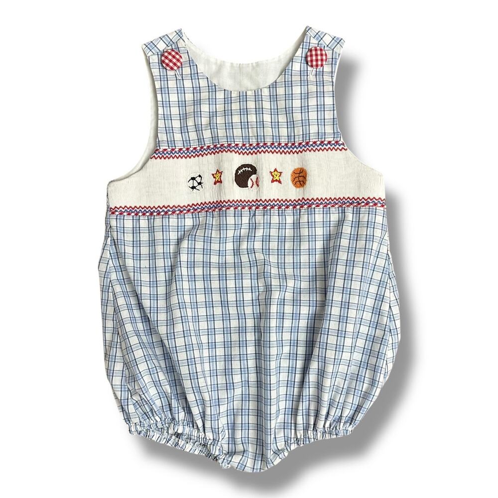 Castles & Crowns Smocked Sports Bubble Romper 18–24M Boys Plaid Blue Embroidered